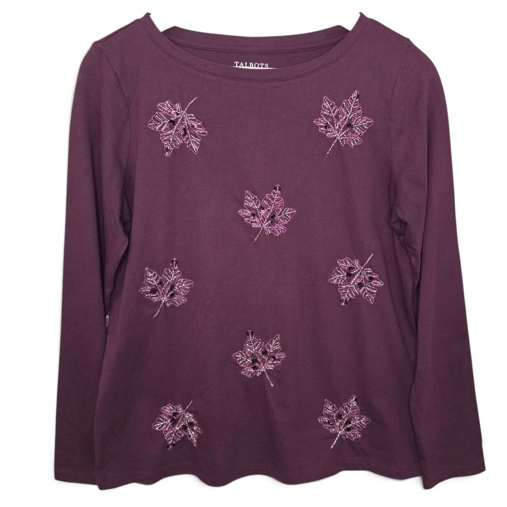 Talbots Top Womens MP Petite Medium Purple Beaded Leaf‎ Long Sleeve Cotton